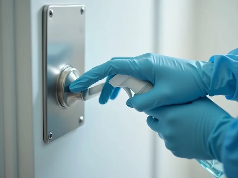 Disinfecting a high-touch door handle in a Visalia office
