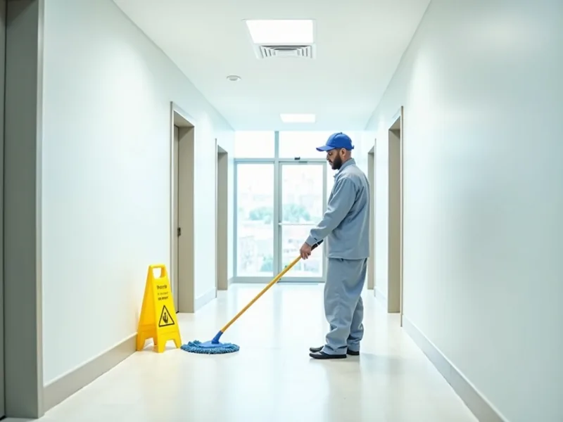 Janitor mopping a commercial building hallway in Visalia, CA