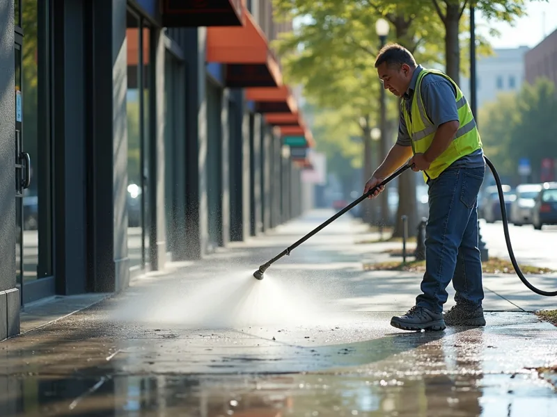 Commercial pressure washing a sidewalk in Visalia, CA